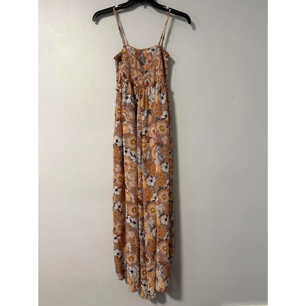 Kori Womens Floral Smocked Wide Leg Jumpsuit Spaghetti Strap Orange Boho Small